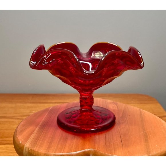 Vintage Viking Ruby Red Georgian Honey Comb 6.5" Ruffled Footed Bowl/Compote, Sh - Picture 2 of 10